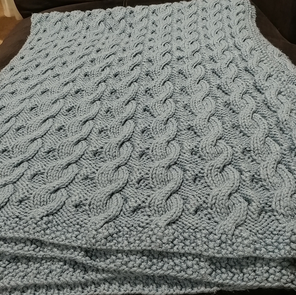 Vintage Hand Knit Blanket Crochet Cable Knit Blanket Large 61"×57" Blue Handmade - Picture 6 of 16